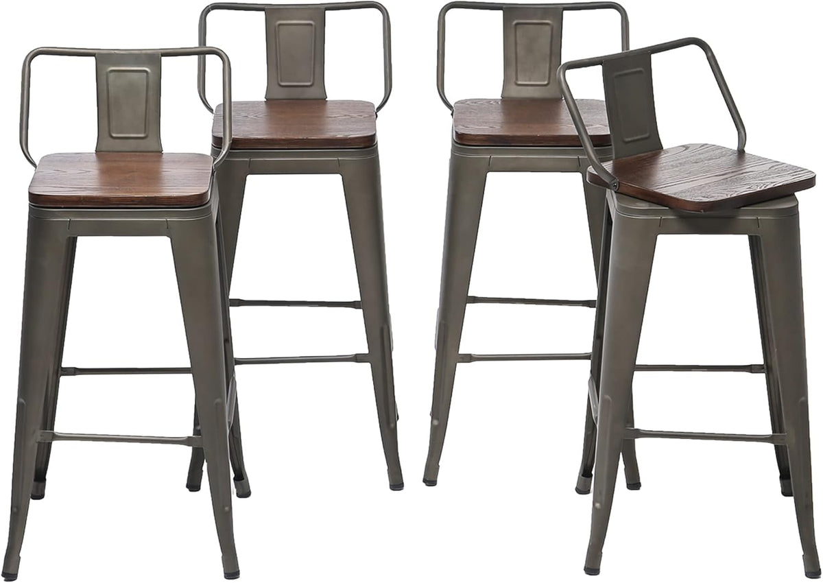 26 Inch Swivel Bar Stools Set of 4 with Backs Counter Height Industrial Metal Barstools Island Bar Chairs for Home Kitchen Dining Room (Swivel 26 inch,Rusty Wooden)