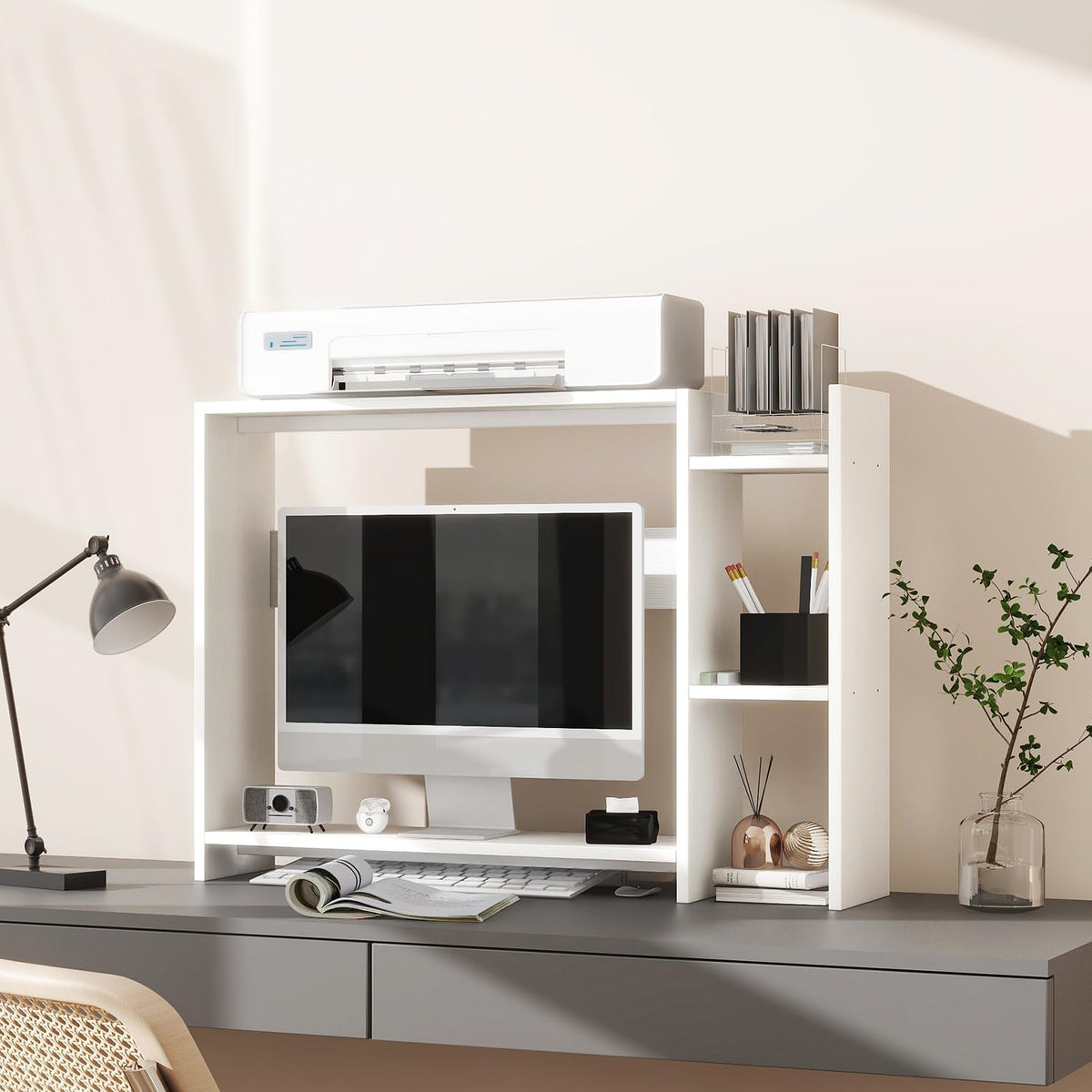 IBUYKE Desktop Bookshelf,36.8" Desktop Organizer Shelf,Wood Desk Hutch for Computer Monitor,Display Shelf for Office Home Dormitory,White TMZ008W