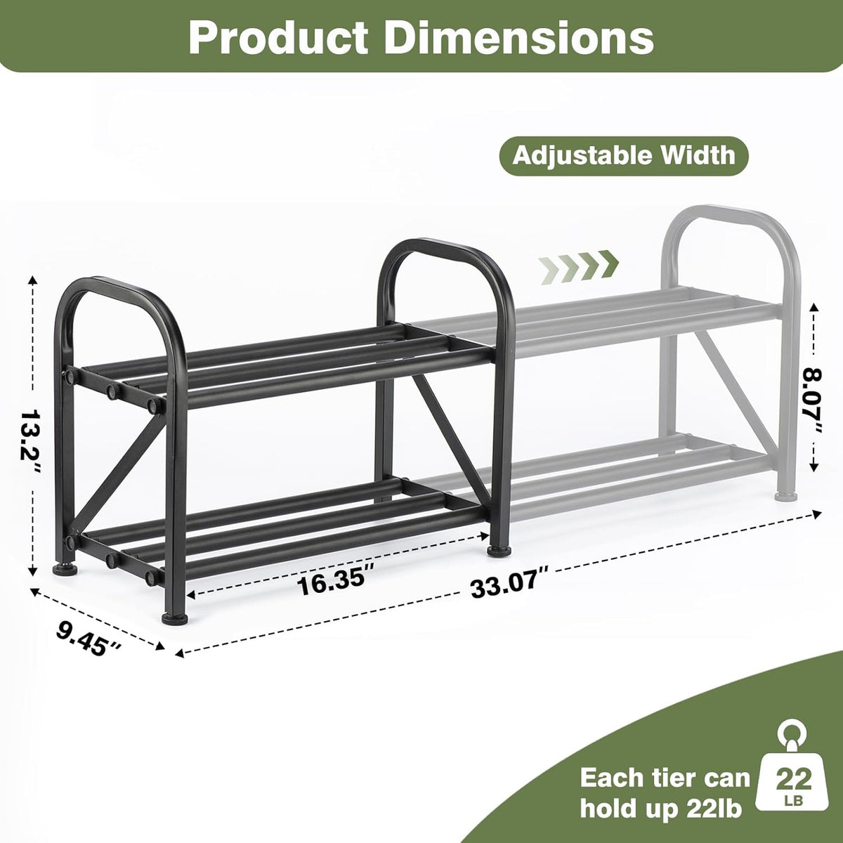 2-Tier Shoe Rack for Closet, 16"-33" Expandable ShoeRack, Adjustable for Entryway Closet Doorway SturdyMetal, Black
