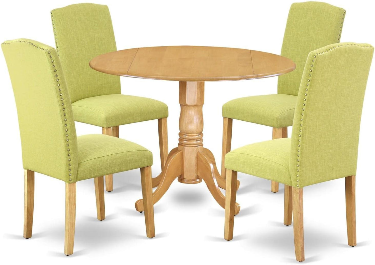 East West Furniture DLEN5-OAK-07 5 Piece Kitchen Table & Chairs Set Includes a Round Dining Table with Dropleaf and 4 Limelight Linen Fabric Parson Dining Chairs, 42x42 Inch, Oak
