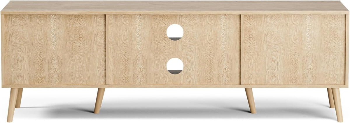 TV Stand for TVs up to 65'', Entertainment Center With Rattan Door, Shelves & 2 Cabinets, Long Boho Media Console for Living Room, Natural
