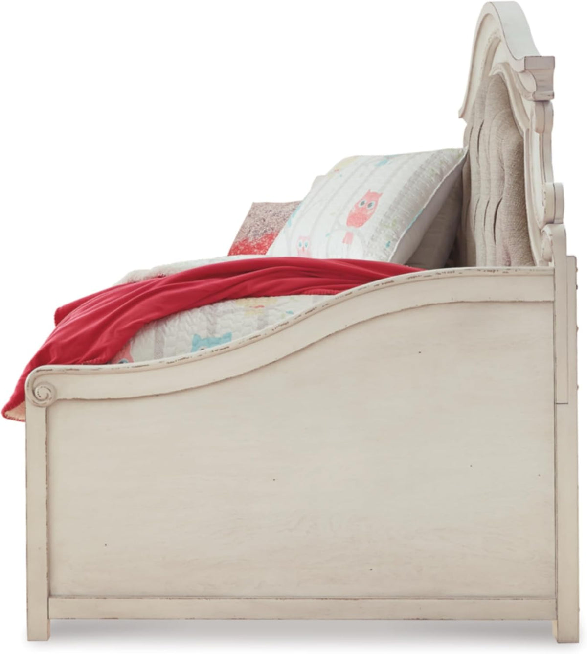 Signature Design by Ashley Realyn Traditional Upholstered Tufted Twin Platform Daybed with 1 Large Drawer, Foundation or Box Spring Not Needed, White & Beige