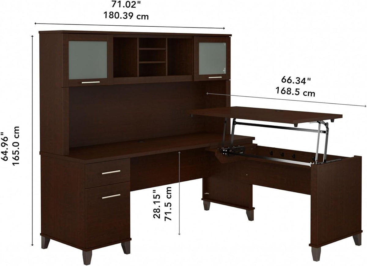 Bush Furniture Somerset 72W 3 Position Sit to Stand L Shaped Desk with Hutch in Mocha Cherry