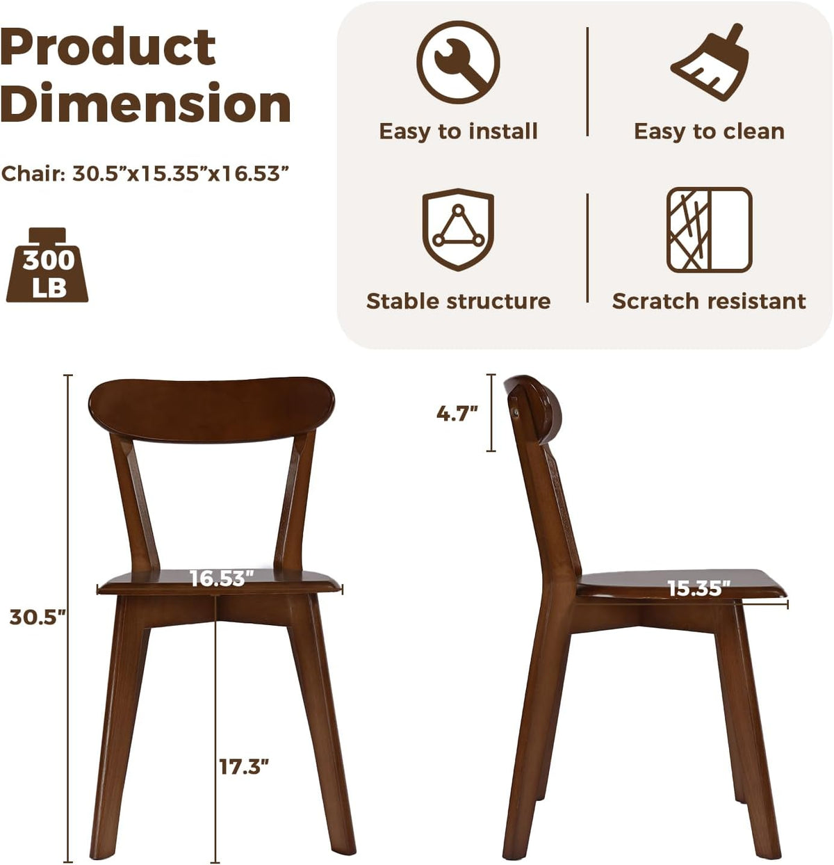 DELAVIN Soild Wood Dining Chairs Set of 6, Mid Century Oak Wood Kitchen Chairs, Vintage Dining Room Chairs Set Suitable for Kitchen, Walnut