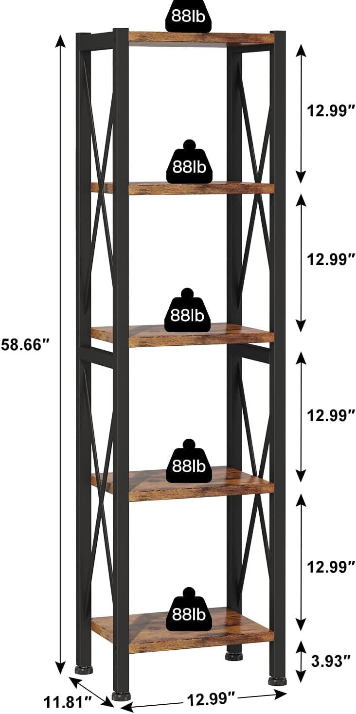 Homeiju 5-Tier Narrow Bookshelf, Ladder Bookshelf, Tall Bookshelf for Bedroom with Open Shelves, Office Bookshelf, Industrial Standing Bookshelf for Bedroom, Living Room and Home Office