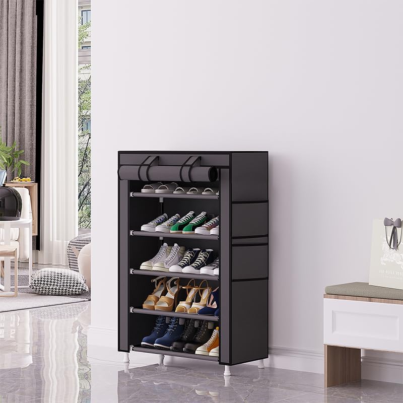 Calmootey 5 Tier Shoe Rack Organizer,Portable Shoe Shelf with Nonwoven Fabric Cover for Closet Hallway,Bedroom,Entryway,Grey