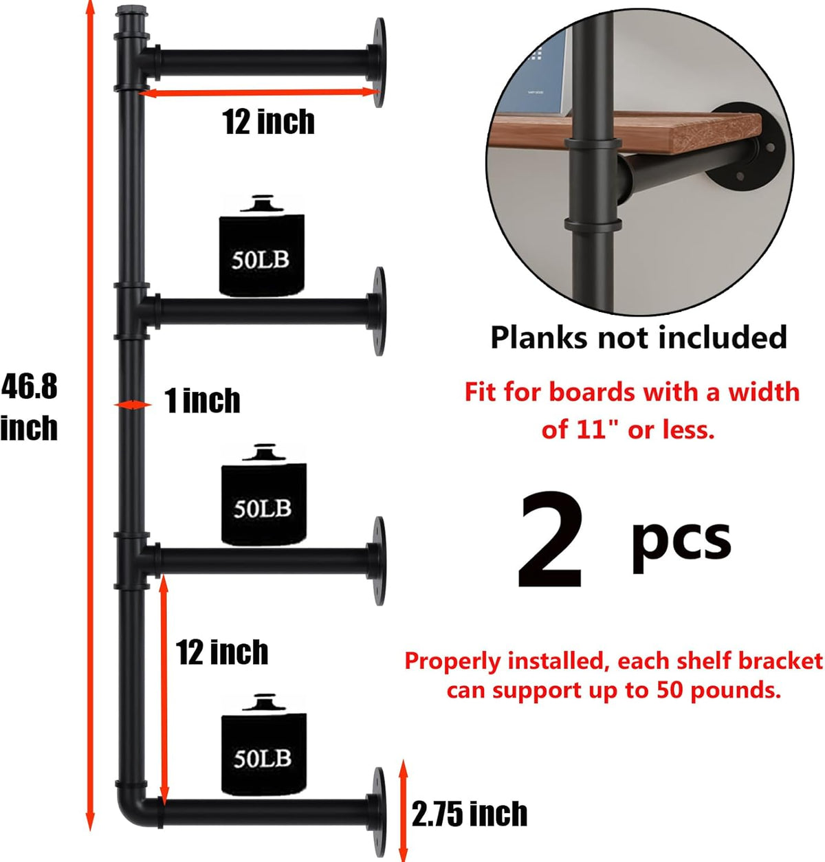 Industrial Pipe Shelf Brackets Wall Mount,Open Black Pipe Shelving for Kitchen,Floating Shelf Brackets Mount,Open Bookshelf Brackets for Shelves,Wall Shelves 12 Inch Deep,(2PcsX4Tier,47" Tall)