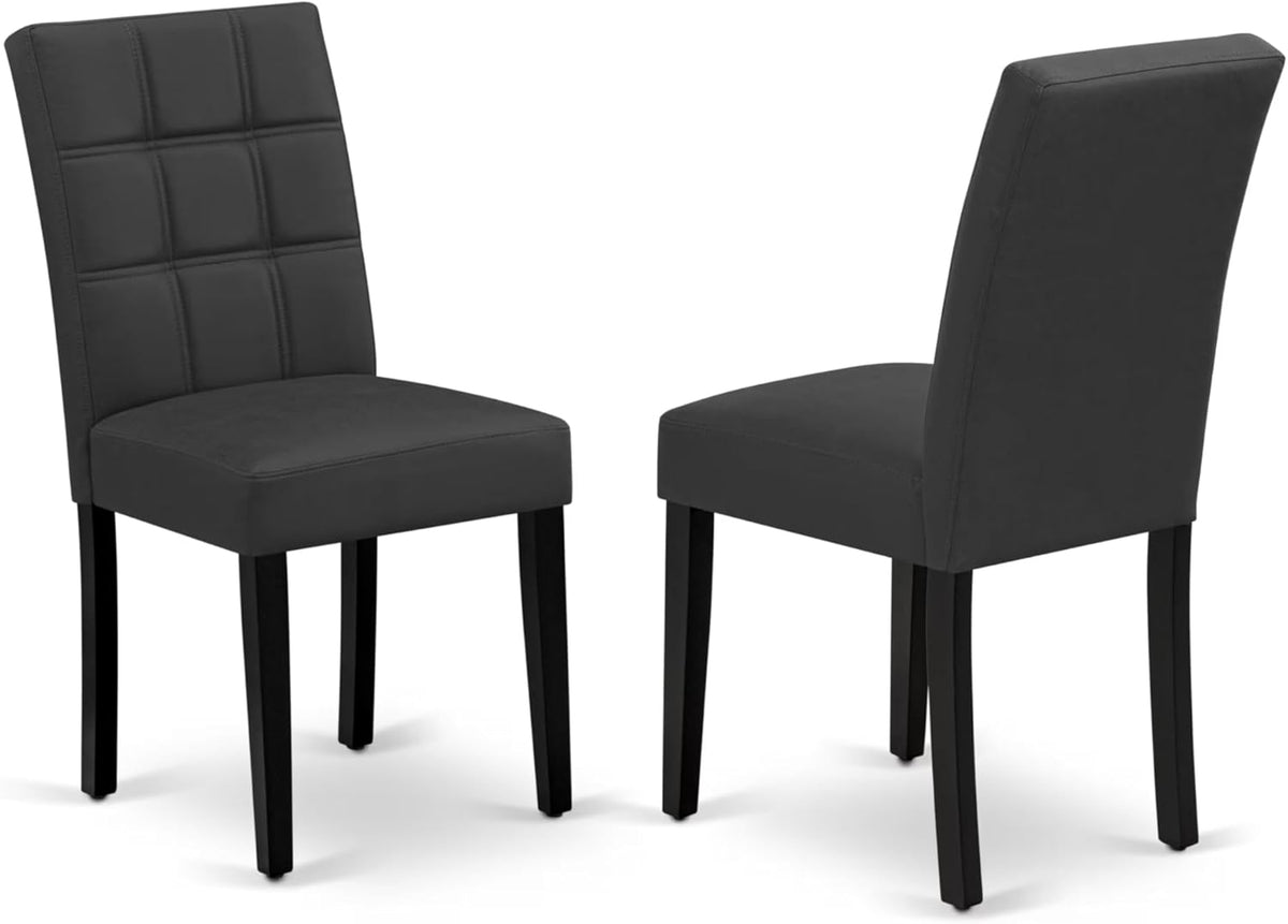 East West Furniture DLAS3-BLK-12 3 Piece Dining Table Set contain A Wood Table and 2 Dark Gray Polyester Fabric Dinner Chairs with Stylish Back- Black Finish