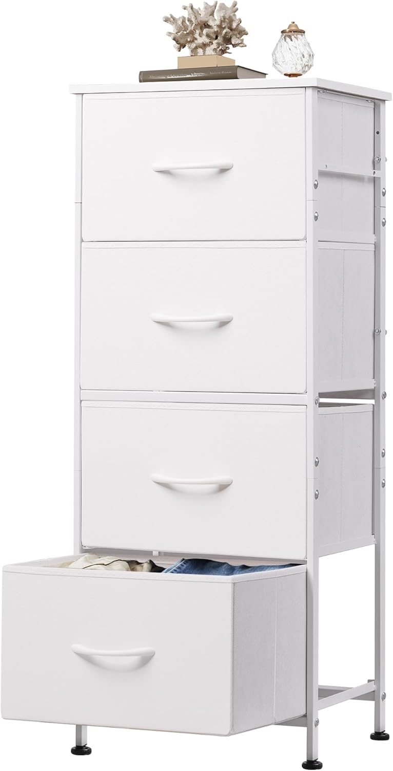 WLIVE Dresser with 4 Drawers, Storage Tower, Organizer Unit, Fabric Dresser for Bedroom, Hallway, Entryway, Closets, Sturdy Steel Frame, Wood Top, Easy Pull Handle, White