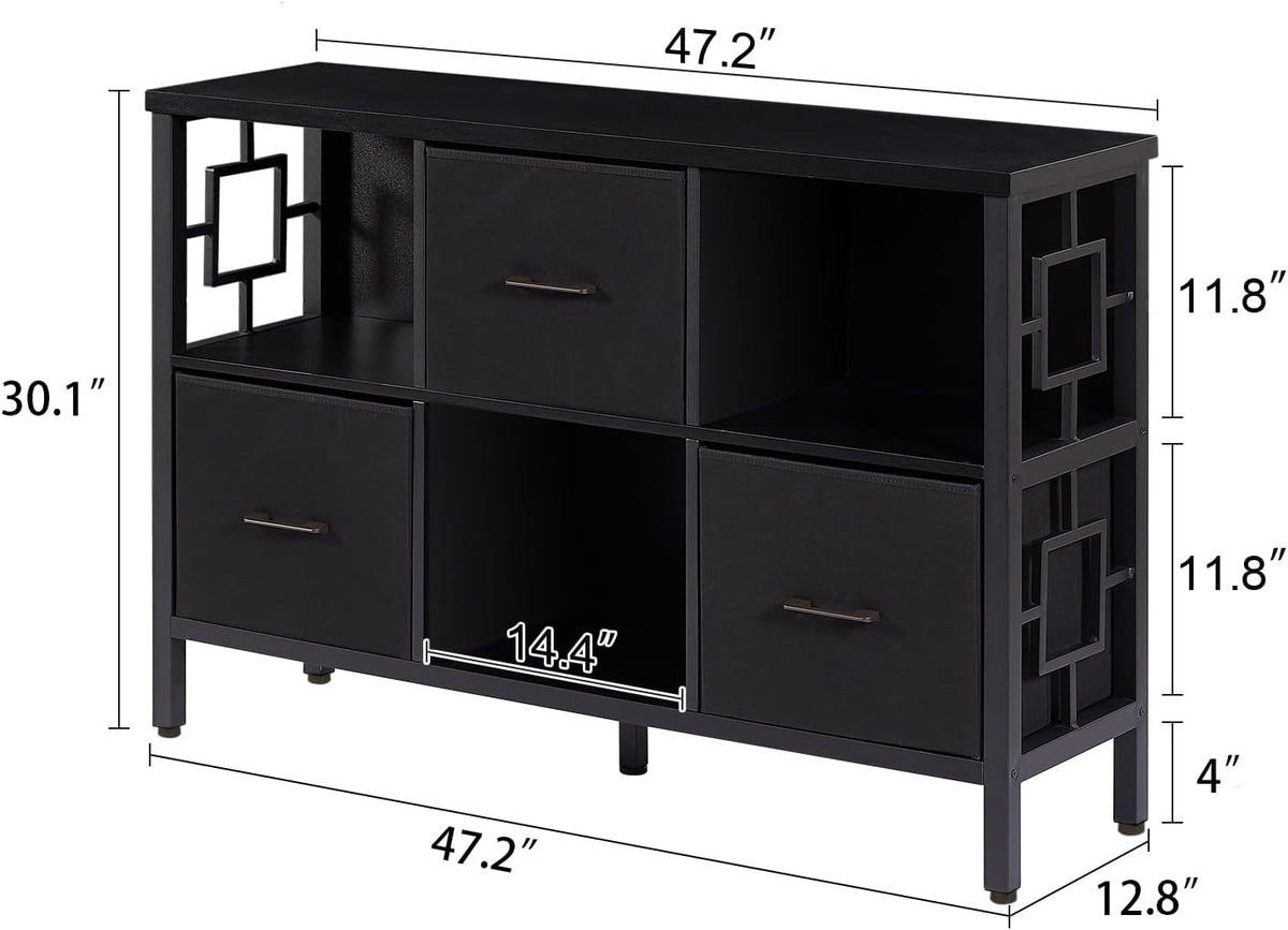 HOMISSUE 6 Cube Storage Organizer Shelf, Rustic Short Bookshelf with 3 Storage Bins, Industrial Horizontal Bookshelf with Metal Frame, Low and Wide Cube Bookcase for Living Room and Office, Black