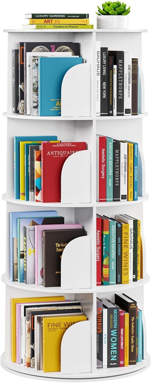 Rotating Bookshelf Tower, 360 Spinning Book Shelf for Kids Rooms, Small Corner Bookshelf for Kids, Round Revolving Bookcase Floor Standing Bookcase Book Storage Classroom Furniture, White, 4 Tier