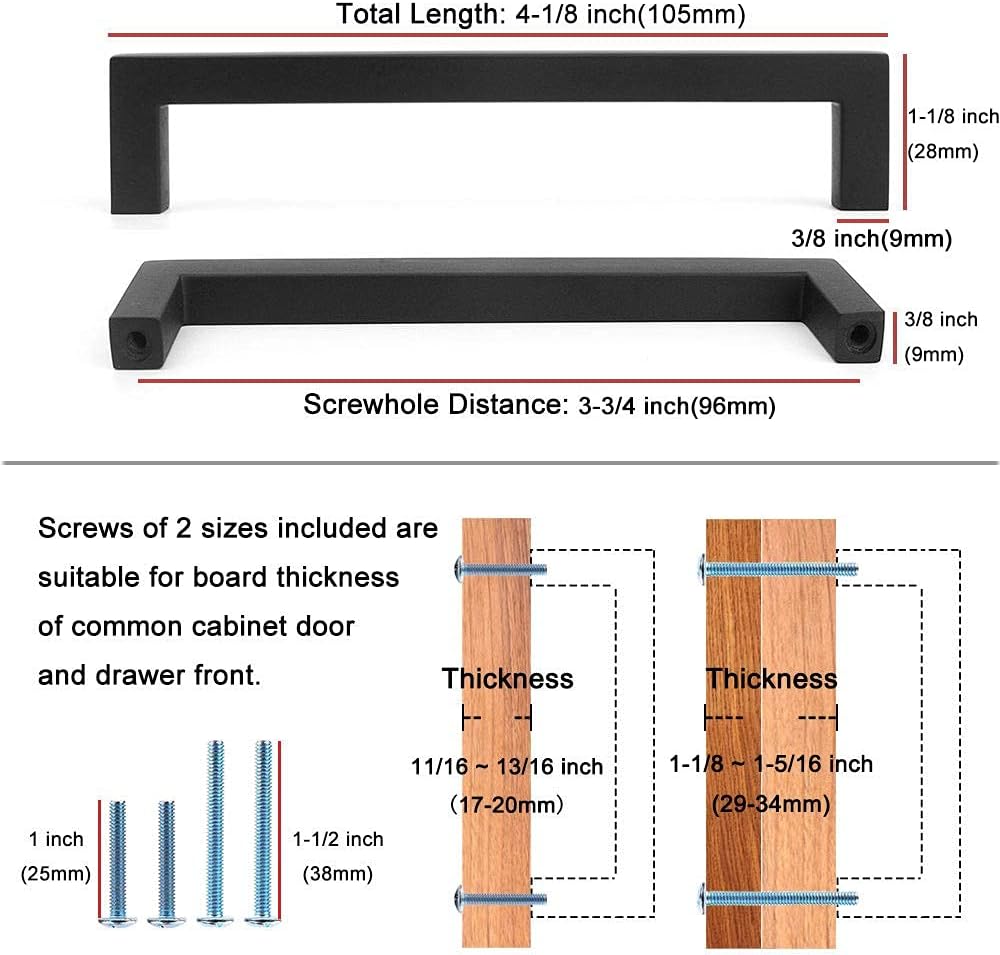 KOOFIZO Solid Square Bar Cabinet Handle - Brushed Nickel Furniture Pull, 3.8 Inch/96mm Screwhole Distance, 10-Pack for Kitchen Cupboard Door, Bedroom Dresser Drawer, Bathroom Wardrobe Hardware