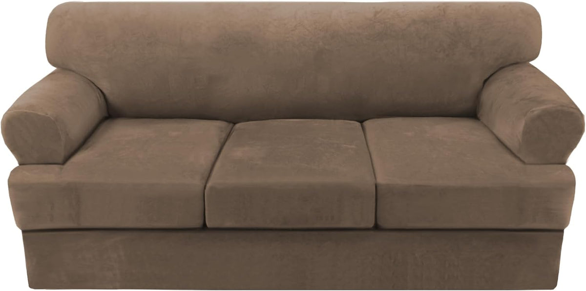 H.VERSAILTEX Sofa Cover 4 Piece T Cushion Sofa Slipcovers Thick Velvet Couch Cover Stretch T Cushion Sofa Covers for 3 Cushion Couch with 3 Individual T Cushion Covers, Mocha