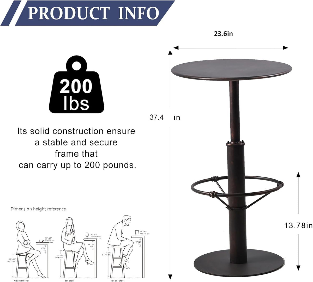 Diwhy Industrial Pub Table 23.6" Iron Round Desktop 37.4" Height Cast Iron Bar Table Copper