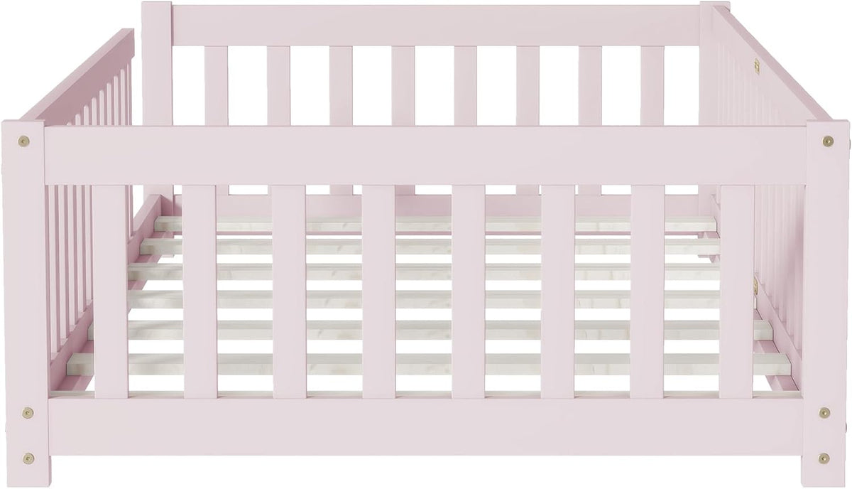 Bellemave Twin Floor Bed with Slats and Safety Guardrails, Kids Montessori Floor Beds with Fence and Without Door, Easy Assemble Floor Bed for Kids, Girls, Boys, Pink