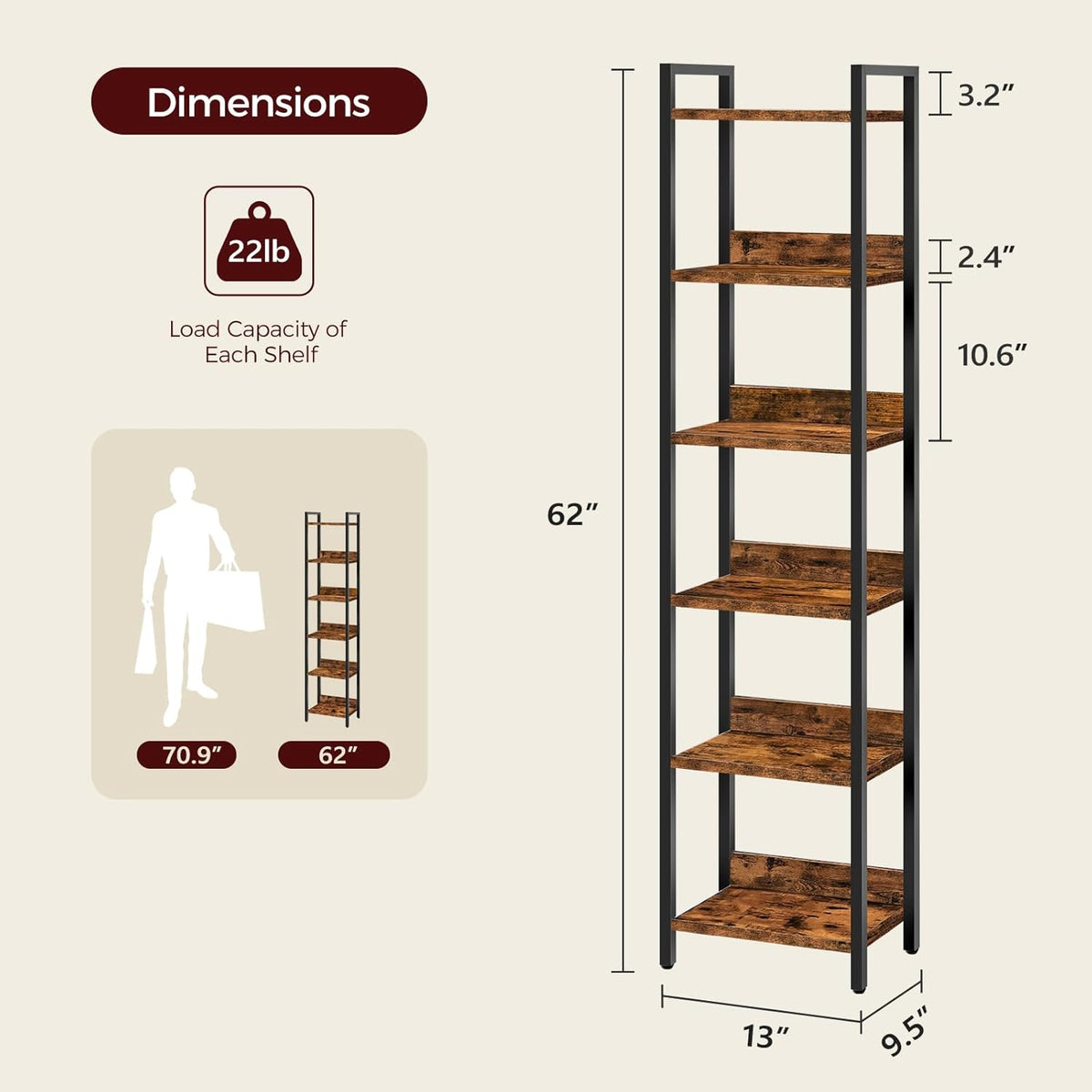 Bookshelf, 6-Tier Bookcase, Standing Book Shelf for Small Space, Storage Shelf Organizer, for Living Room, Bedroom, Study, Balcony, Rustic Brown and Black BKHR6601