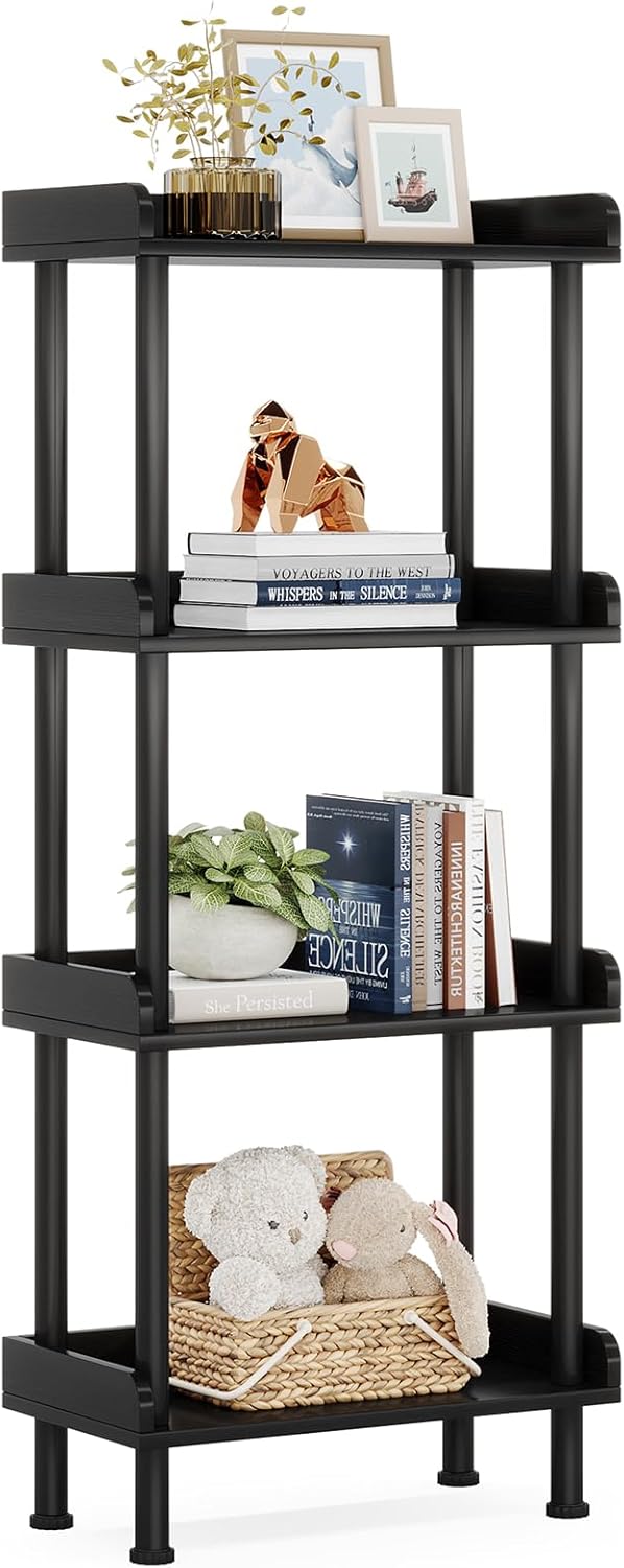 Hosfais Small Wooden Bookcase, 4-Tier Black Rustic Etagere Bookshelf for Living Room & Bedroom, Storage Organizer