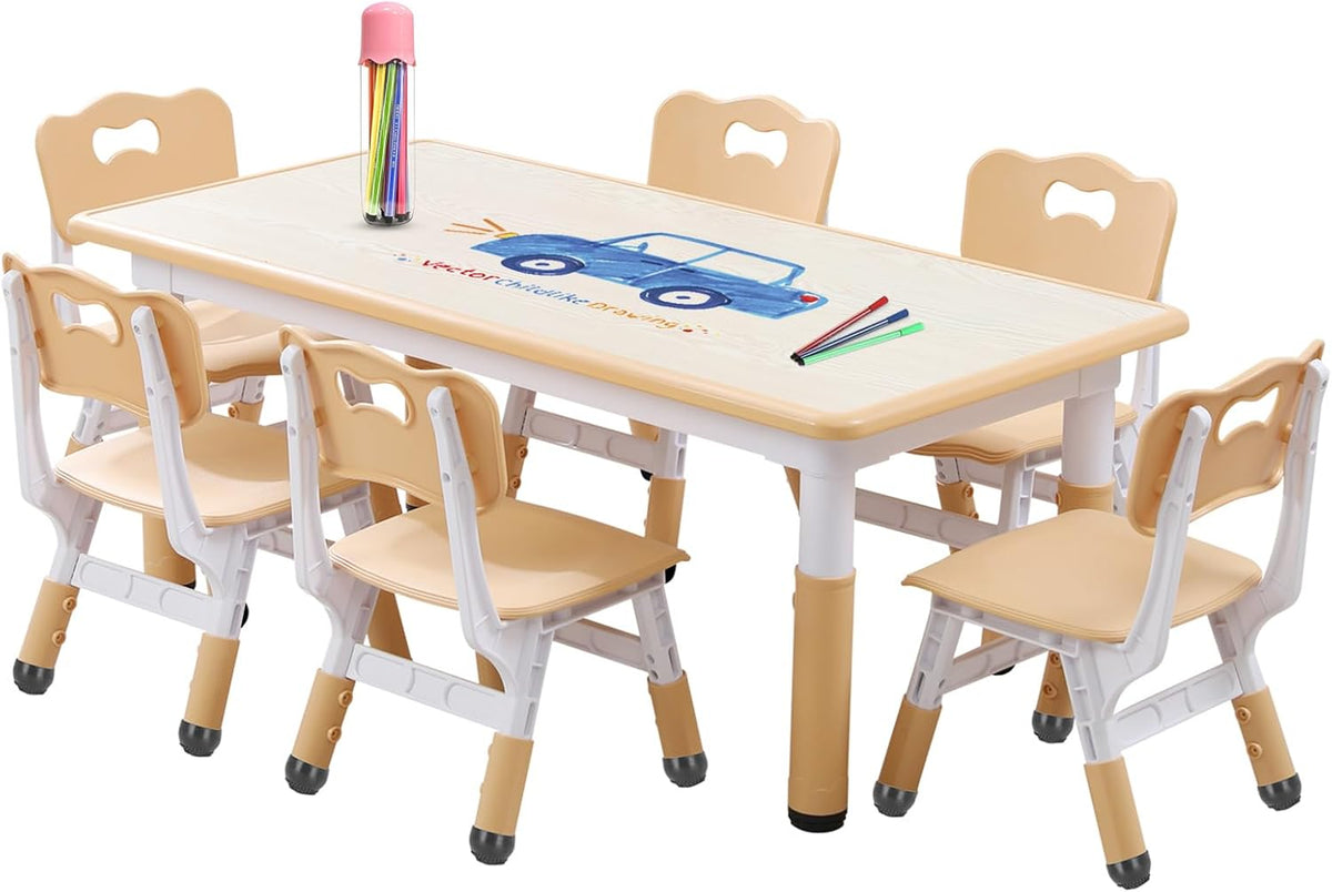 Kids Table and Chairs Set, Height Adjustable Desk With 6 Seats for Ages 3-12,Arts & Crafts Table,Graffiti Desktop, Non-Slip Legs, Max 300lbs, Children Multi-Activity Table for Classrooms,Daycares,Home