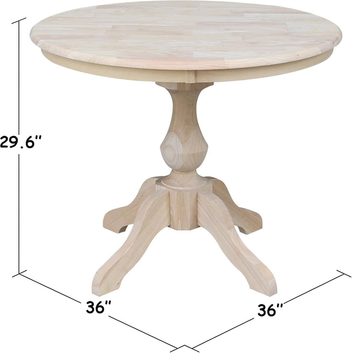 IC International Concepts, 36" Round Top Pedestal Dining Table, 29.9" High, Solid Real Wood, Sturdy Parawood, DIY, Paint/Stain Ready, Unfinished