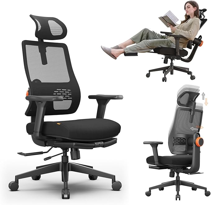 Newtral Ergonomic Office Chair with Footrest, Auto-Adjusting Lumbar Support, 4D Armrests & High Back - Adjustable Seat Depth, Height & 136° Tilt for Home Office & Gaming