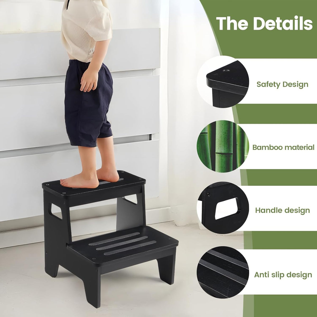 Wooden Step Stools for Kids, Heavy Duty Bamboo 2-Step Stepping Stools for Toddlers, DIY Non-Slip Pads & Handles, for High Bed, Bathroom, Toilet, Kitchen, RV, Black