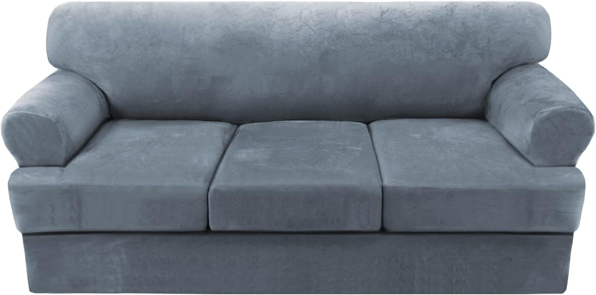 H.VERSAILTEX Sofa Cover 4 Piece T Cushion Sofa Slipcovers Thick Velvet Couch Cover Furniture Protector Stretch Sofa Covers for 3 Cushion Couch with 3 Individual Covers Washable, Stone Blue