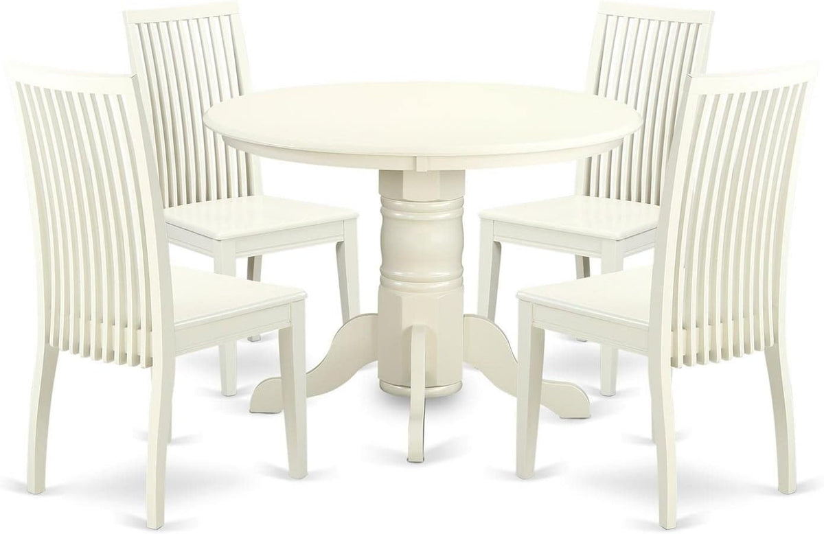 East West Furniture SHIP5-LWH-W 5 Piece Dining Room Table Set Includes a Round Wooden Table with Pedestal and 4 Kitchen Dining Chairs, 42x42 Inch, Linen White
