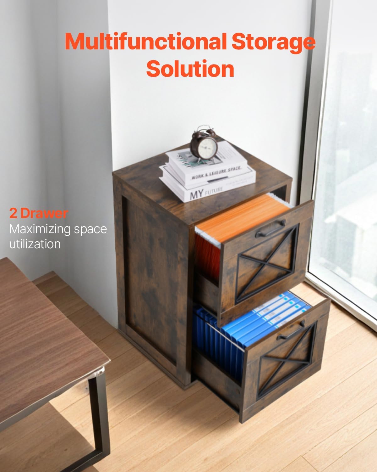 VEVOR 2 Drawer File Cabinet, Vertical Filing Storage Cabinets for Home Office, Heavy-Duty Cabinet with 2-Level Adjustable Hanging Rod, for A4/Letter/Legal Size File, Easy to Assemble (Honey Brown)