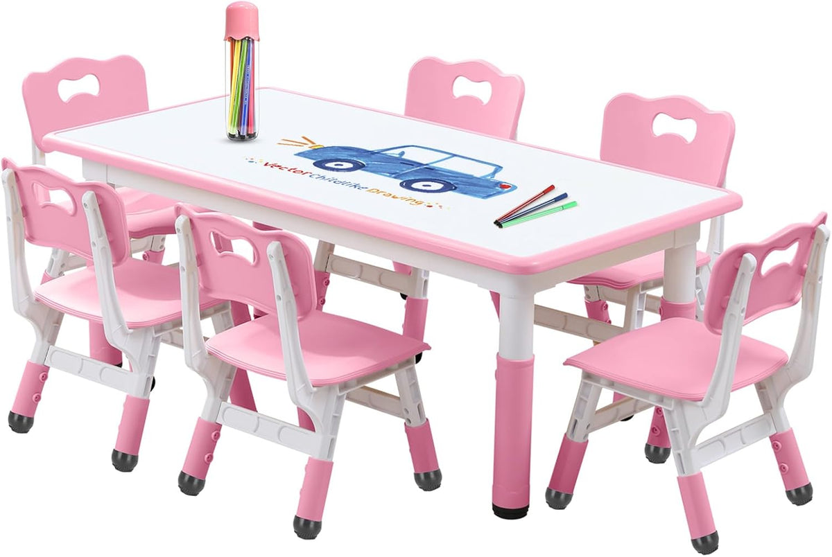 Kids Table and Chairs Set, Height Adjustable Desk With 6 Seats for Ages 3-12,Arts & Crafts Table,Graffiti Desktop, Non-Slip Legs, Max 300lbs, Children Multi-Activity Table for Classrooms,Daycares,Home