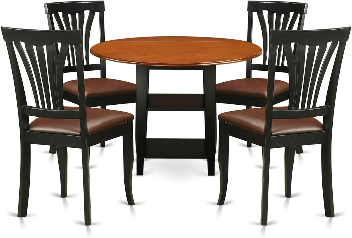 East West Furniture SUAV5-BCH-LC 5 Piece Dining Table Set for 4 Includes a Round Kitchen Table with Dropleaf & Shelves and 4 Faux Leather Dining Room Chairs, 42x42 Inch, Black & Cherry
