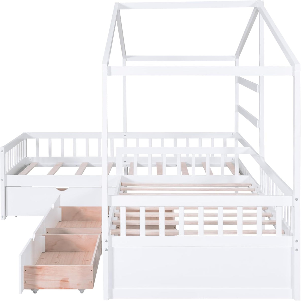 Twin Size House Platform Bed with Three Storage Drawers,Double Shared-Bed,2 in 1 Bed,L-Shaped Platform Bed for Boys Girls Shared Beds,Perfect complement to Any Small Space,White
