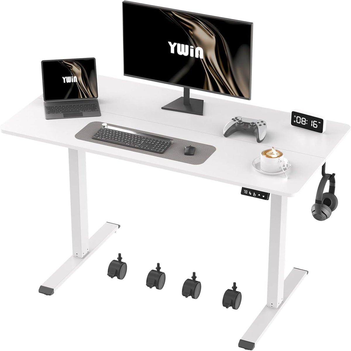 Ywin Electric Height Adjustable Standing Desk, 55 x 24 inches Sit Stand Desk with Wheels, Ergonomic Stand Up Desk for Home Office