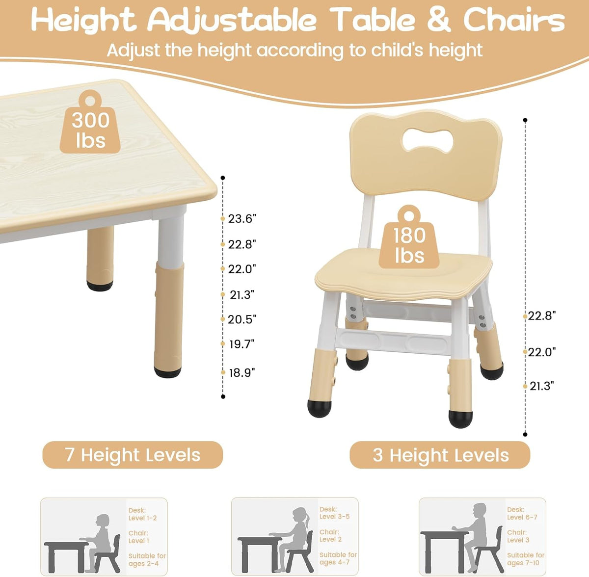 GarveeHome Kids Table and 2 Chairs Set, Height Adjustable Toddler Table and Chair Set for 2, Graffiti Desktop, Non-Slip Design, Children Table for Home Daycare Preschool for Ages 2-8, Beige