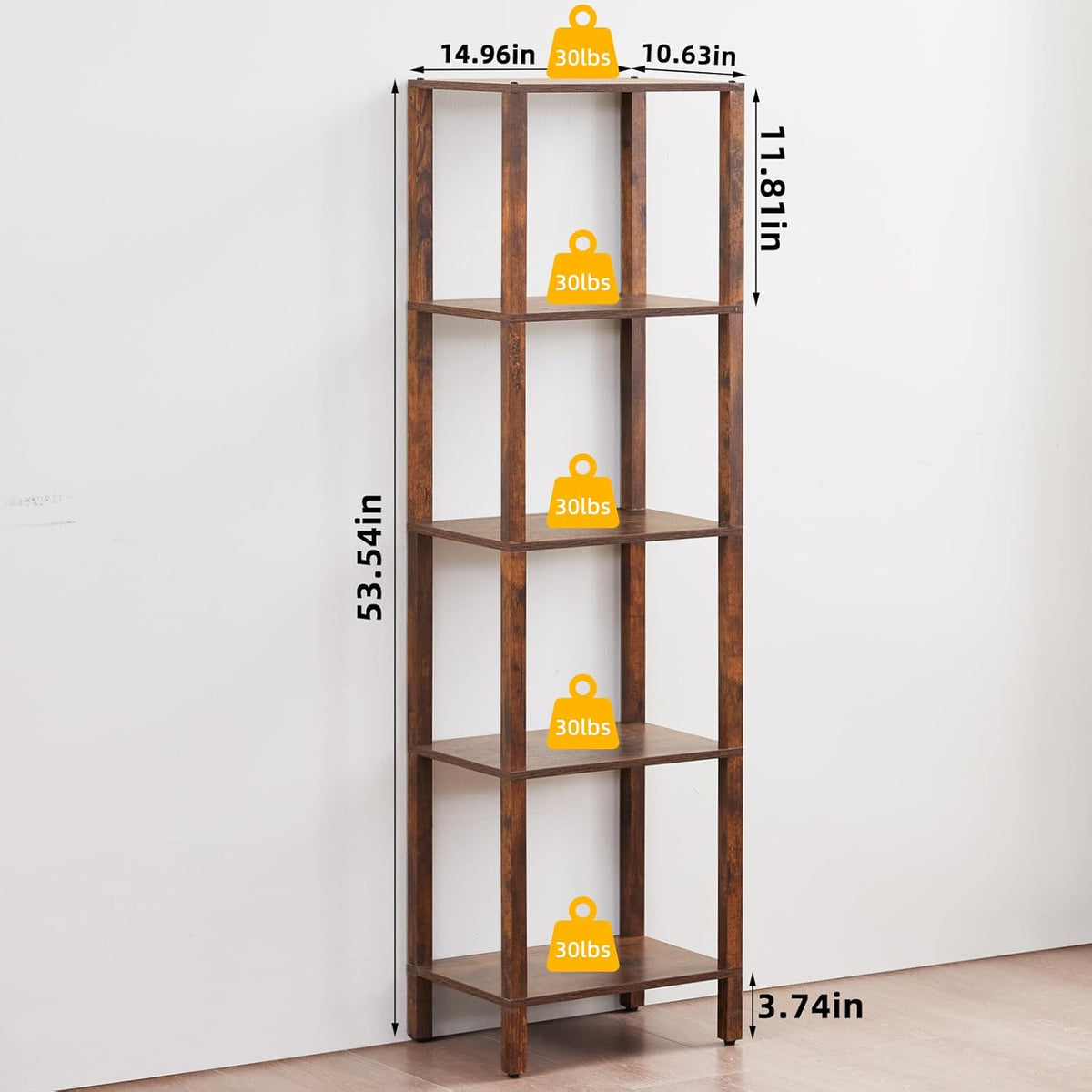 54in Tall Bookshelf 5-Tier Small Narrow Bookcase, Skinny Book Shelf for Small Space, Farmhouse Slim Shelf with Storage, Wood Freestanding Display Thin Bookshelves for Living Room, Office, Brown