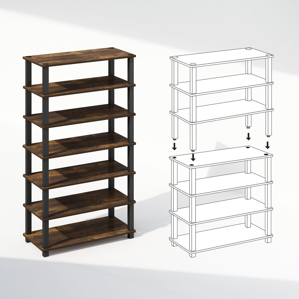 Furinno Turn-S-Tube 4-Tier Multipurpose Standing Shelves, Amber Pine/Black, Set of 2