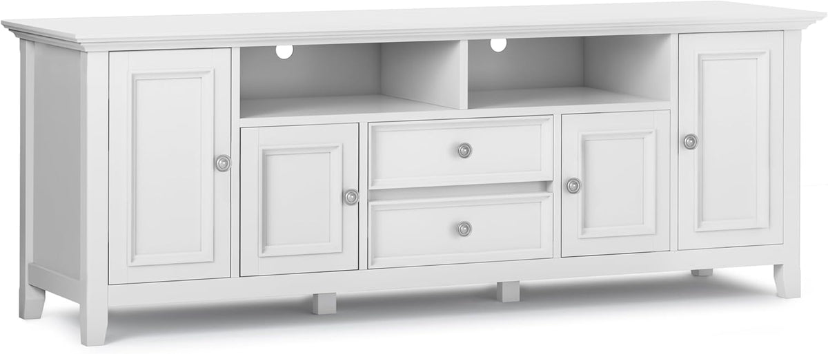 SIMPLIHOME Amherst 72-inch Wide Solid Wood TV Stand in White, Transitional-Style Media Console for Living Room with Cable Management and Adjustable Shelves, Fits 80" TVs