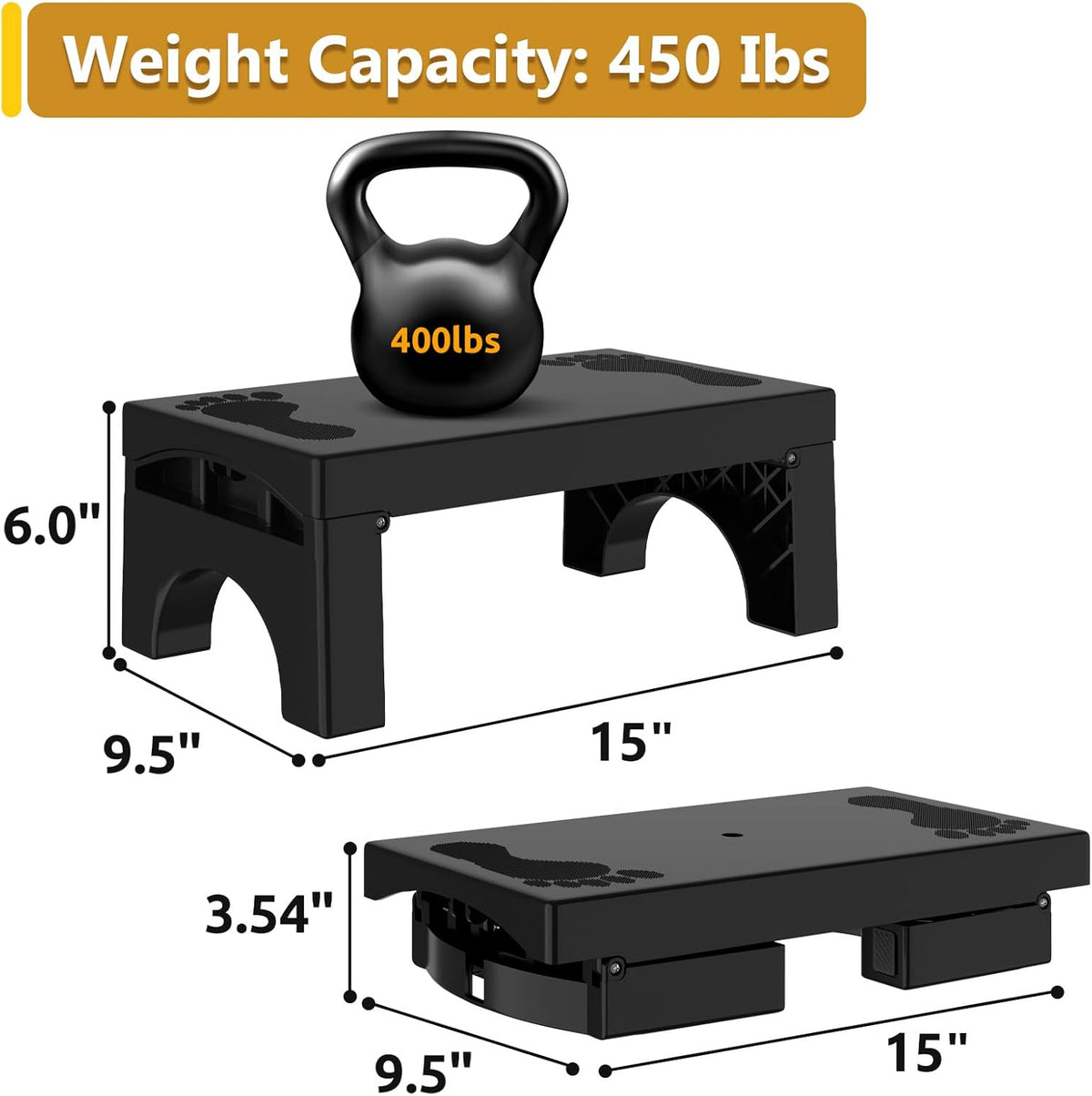 Step Stool Foldable for Adults Kids, Heavy Duty Non-Slip Folding Stepping Stool with 400-LBS Capacity, Portable Collapsible Foot Stool for Bathroom Bedroom Kitchen, Bed Steps for High Beds, Black