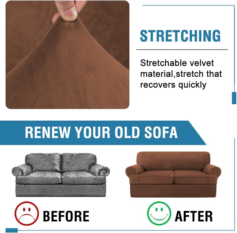 H.VERSAILTEX Sofa Cover 3 Piece T Cushion Sofa Slipcovers Thick Velvet Couch Cover Stretch T Cushion Sofa Covers for 2 Cushion Couch with 2 Individual T Cushion Covers Washable, Caramel