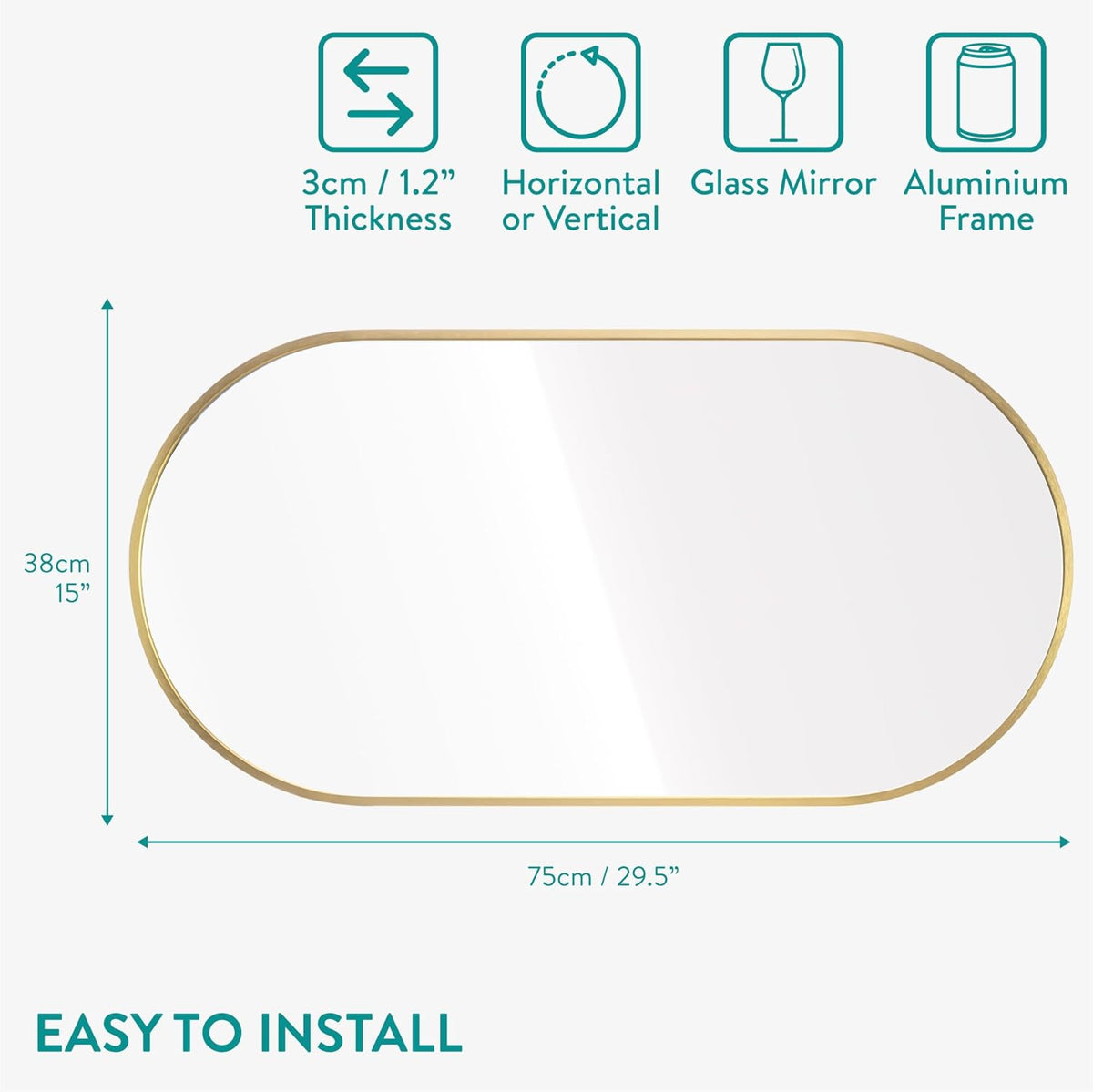 Navaris Oval Wall Mirror - 75 x 38 x 3 cm - Wall Mounted Hanging Mirror with Brushed Brass Rustproof Aluminium Frame - Mirror for Bathroom Bedroom Hallway
