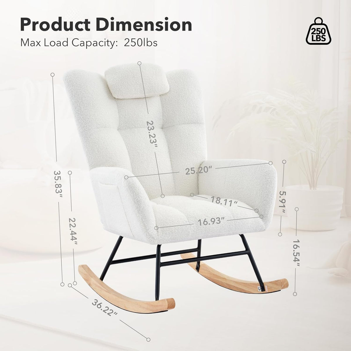 Nursery Rocking Chair,300Lb Glider Chair with Wood Legs/Two Side Pockets,Teddy Upholstered Glider Rocker with Padded Seat High Backrest for Living Room/Bedroom/Nursery