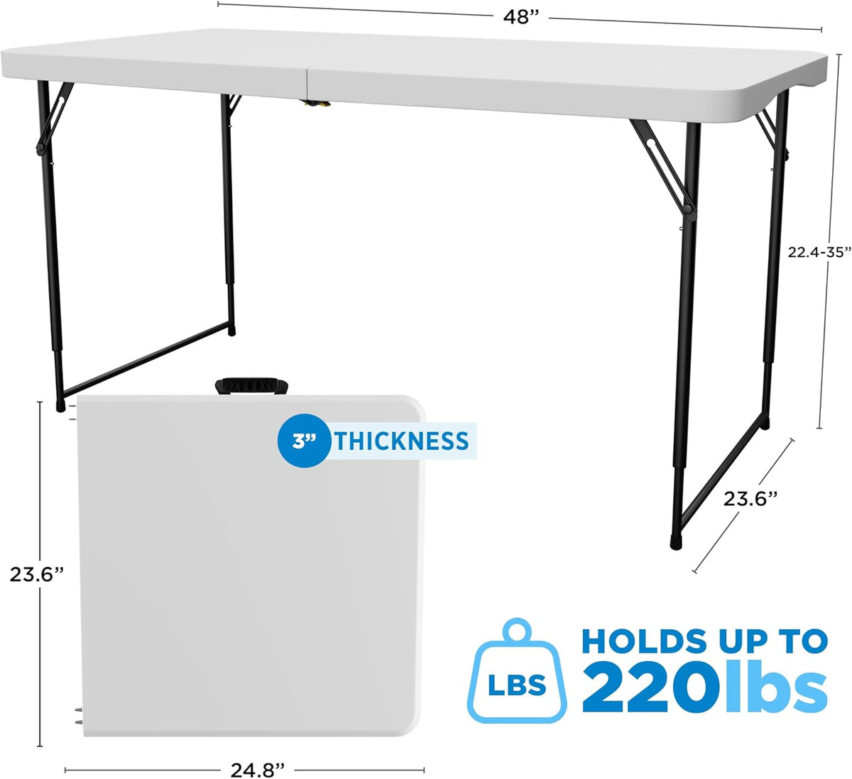 Sorfey Folding Table 4-Foot X 24 inch, Adjustable to 4 Heights, White Plastic