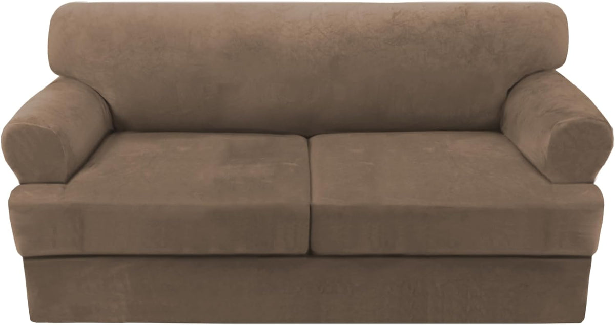 H.VERSAILTEX Sofa Cover 3 Piece T Cushion Sofa Slipcovers Thick Velvet Couch Cover Stretch T Cushion Sofa Covers for 2 Cushion Couch with 2 Individual T Cushion Covers, Mocha