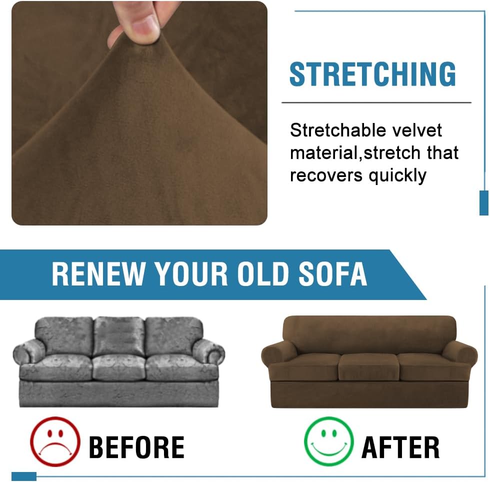 H.VERSAILTEX Sofa Cover 4 Piece T Cushion Sofa Slipcovers Thick Velvet Couch Cover Stretch T Cushion Sofa Covers for 3 Cushion Couch with 3 Individual T Cushion Covers, Bronze Brown