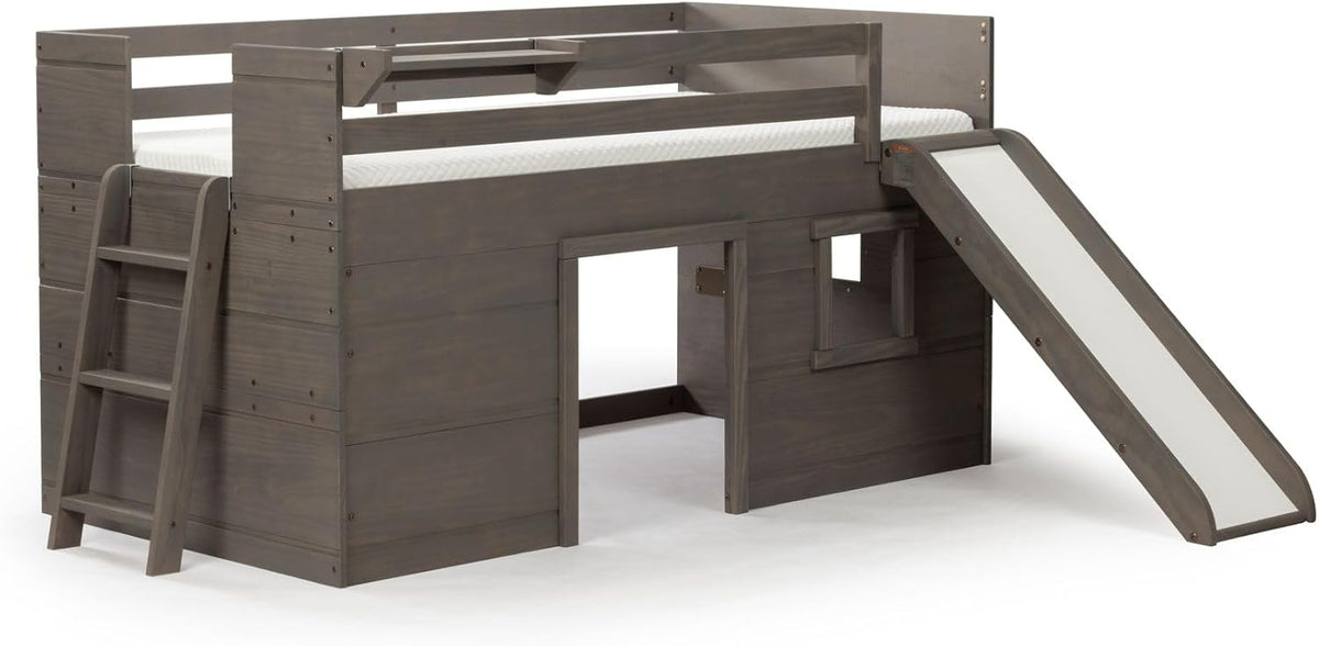Max & Lily Loft Bed Twin Size, Solid Wood Low Loft Bed with Slide and Ladder, Modern Farmhouse Loft Bed for Kids, Driftwood