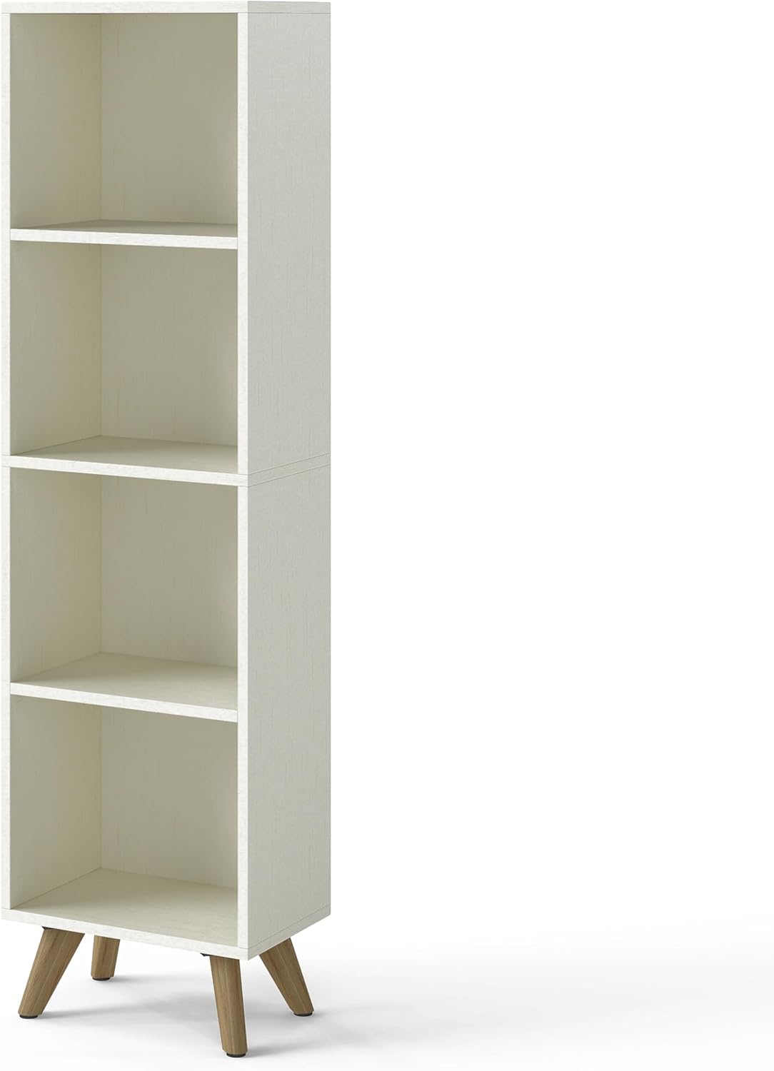 Manora Small Bookcase with 4 Open Shelves, Modern White Bookshelf with Wooden Legs, Narrow Storage Organizer for Living Room, Bedroom, Office