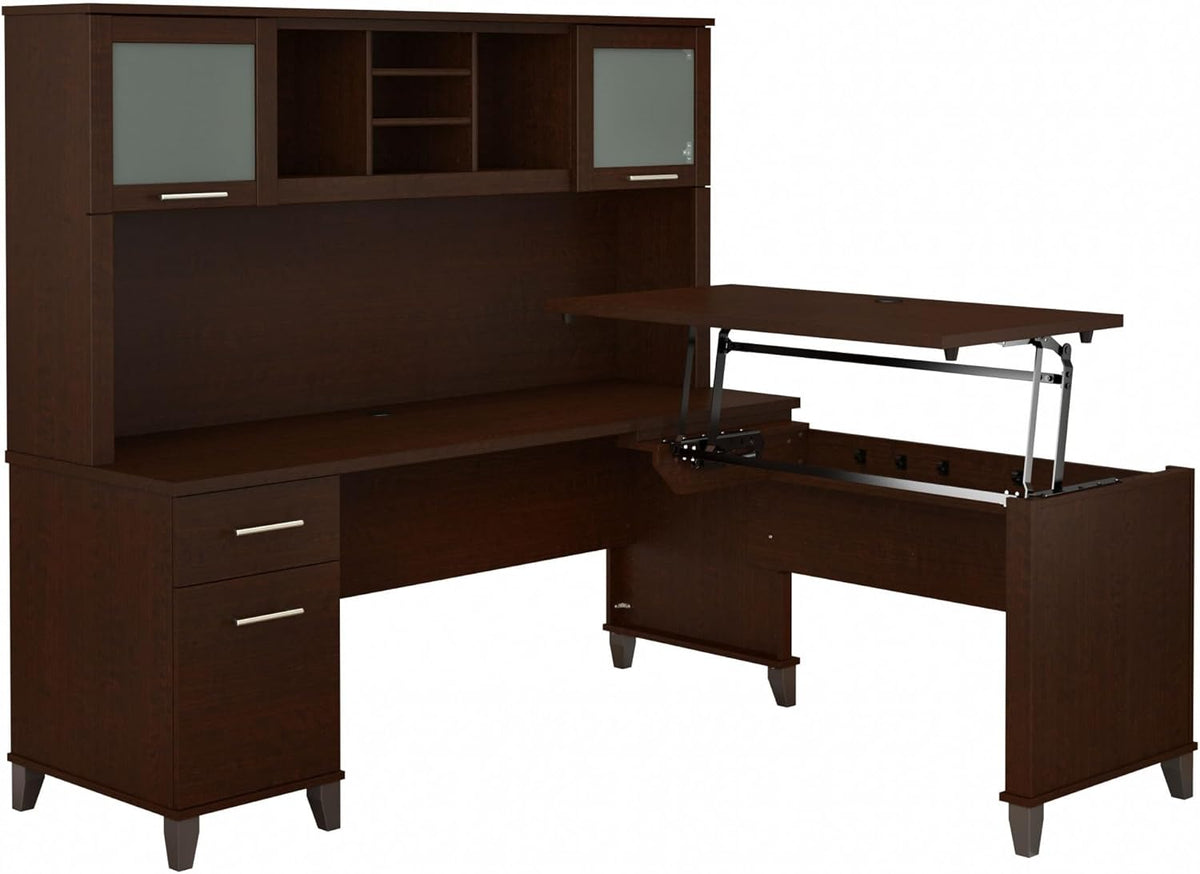 Bush Furniture Somerset 72W 3 Position Sit to Stand L Shaped Desk with Hutch in Mocha Cherry