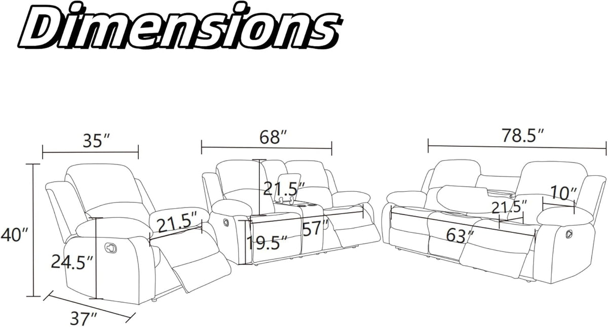 Recliner Sofa Couch, 3-Seater Home Theater Seating Reclining Sofa, Power Reclining Couch with Cup Holders & Drop Down Table for Living Room Furniture Sets, Grey White