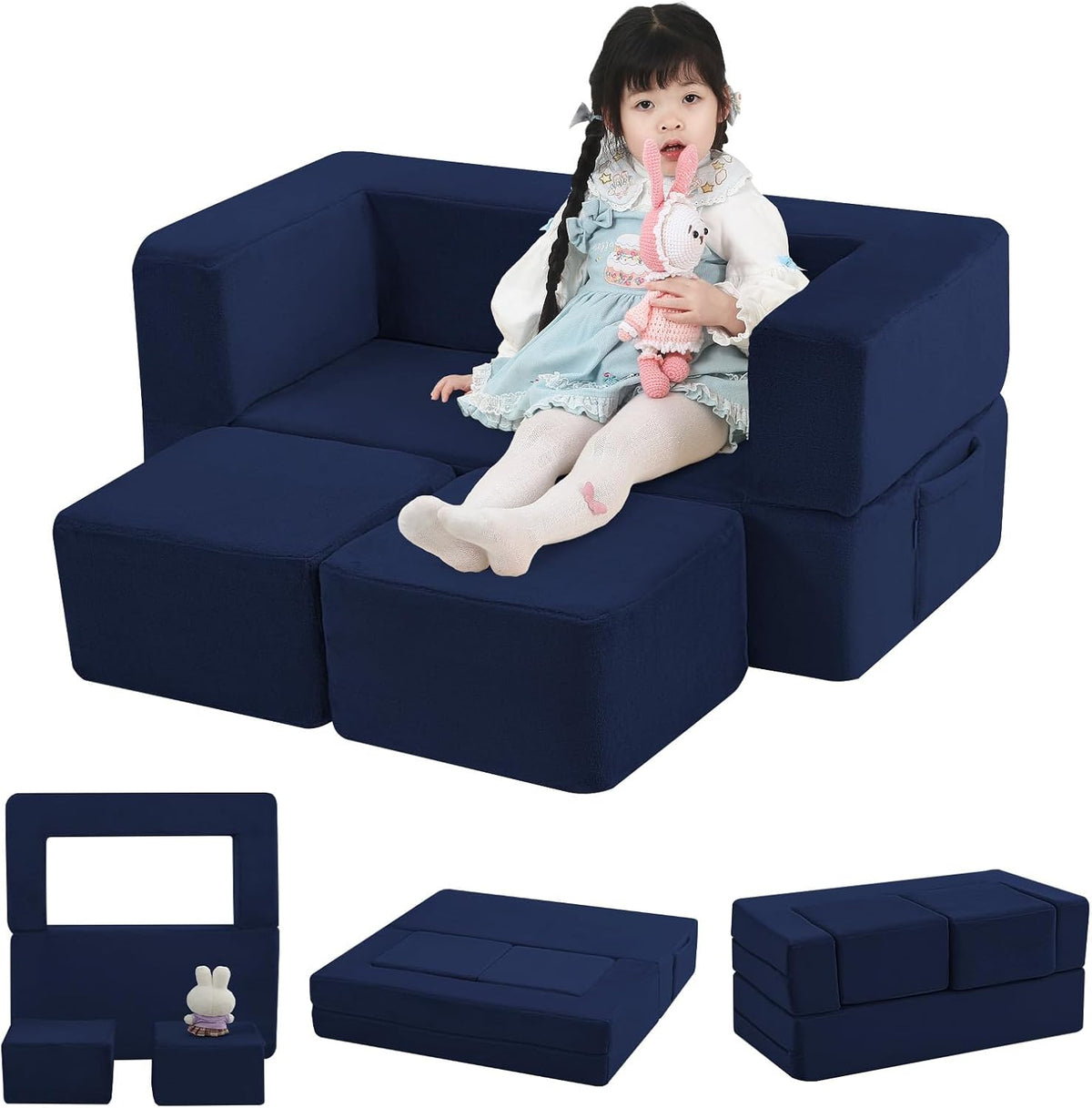 MeMoreCool Convertible Modular Kids Foam Play Couch Sofa – Navy Fold-Out Toddler Couch for Playroom or Bedroom