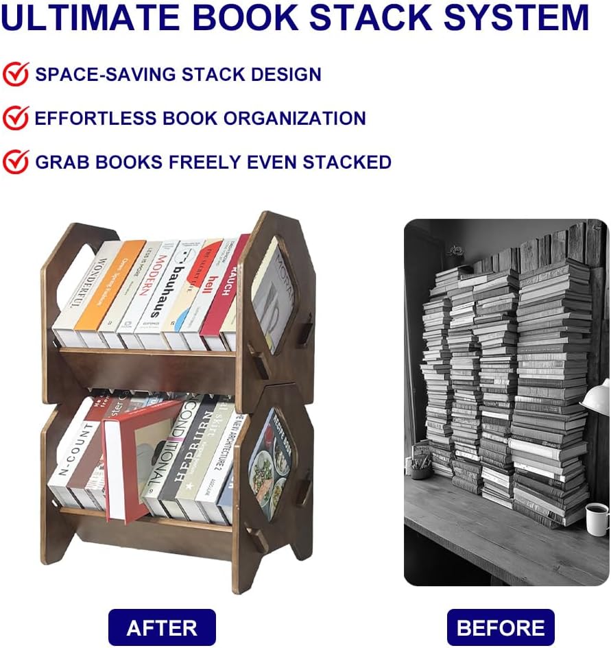 2 Pack Desktop Bookshelf, Stackable Book Organizer with Handle, Storage Rack for CD/Magazine/File Folder, Portable Small Bookshelf for Study, Living Room, Kid's Room, No Nails, Medium Size