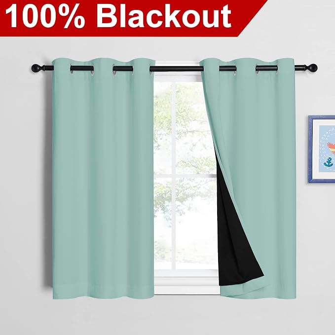 NICETOWN Aqua Blue 100% Blackout Curtains 45 inches Long, 2 Thick Layers